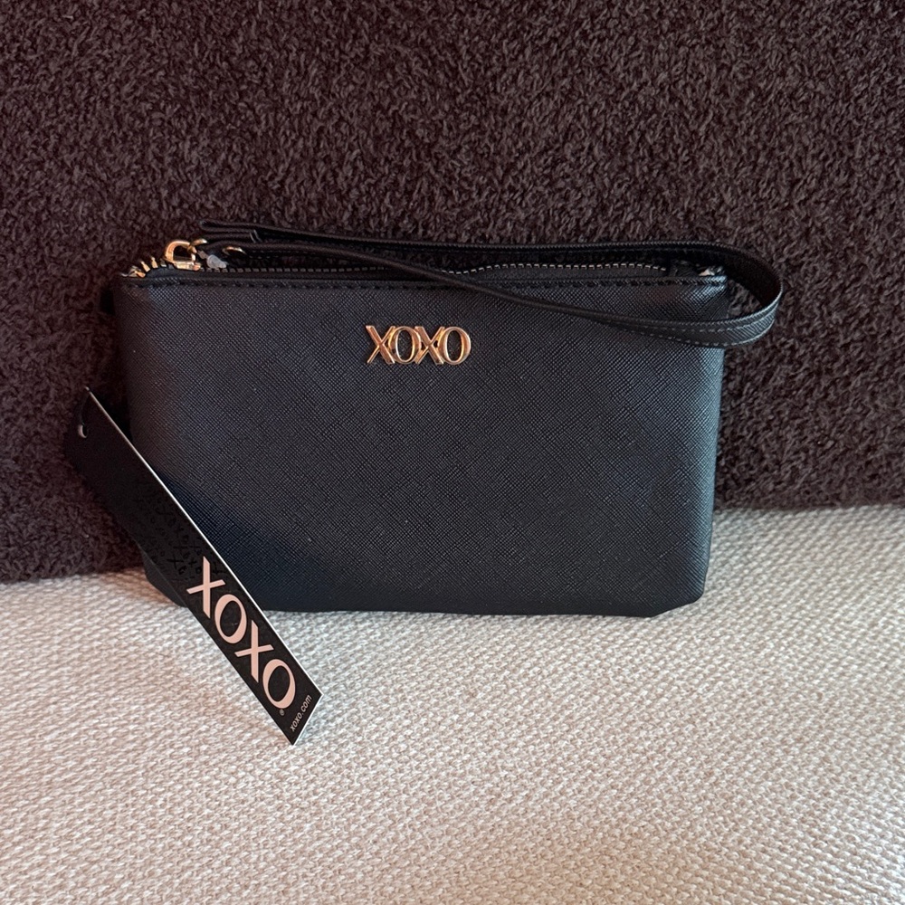 XOXO Black Faux Leather Wristlet Pouch with Gold Logo